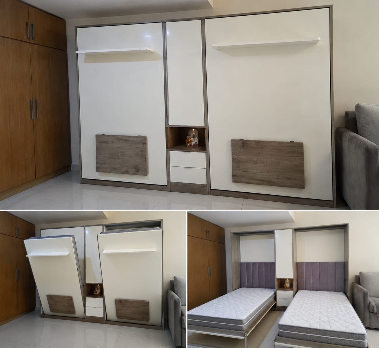 Two single wall bed with center partition and folding desk