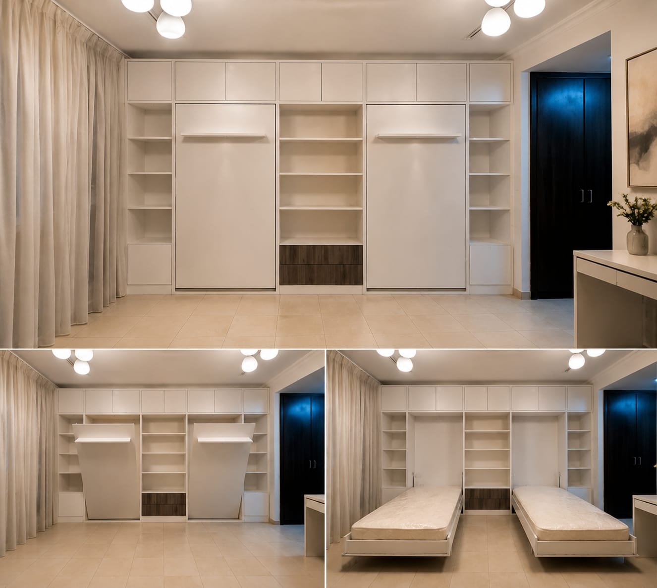Two single wooden wall bed with attachements and top storage